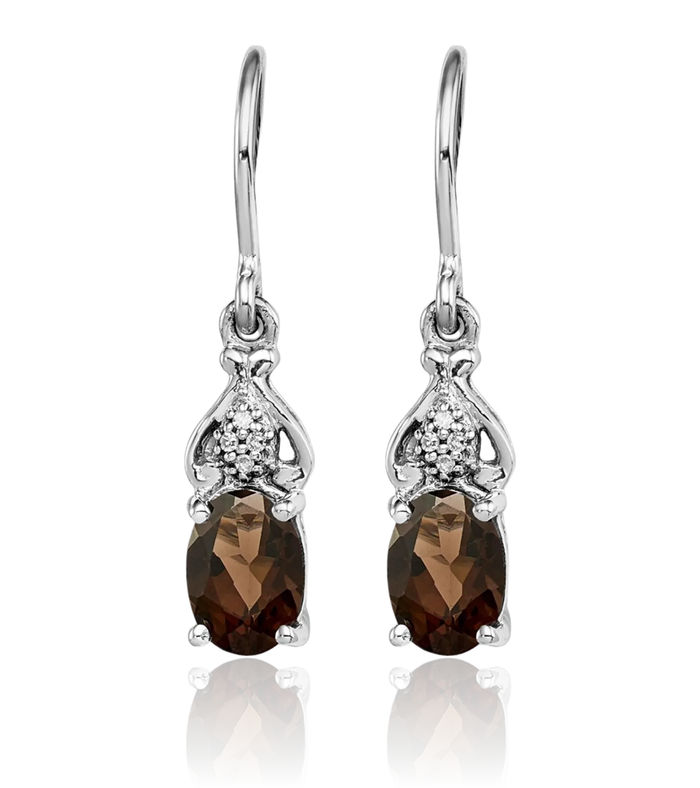 925 Sterling Silver Diamond Brown Smoky Quartz Drop Dangle Earrings