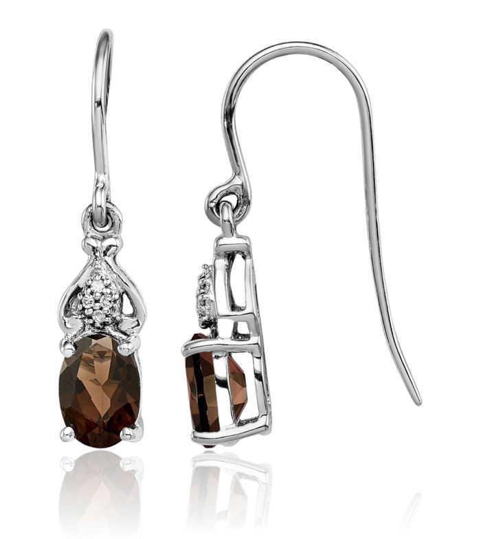 925 Sterling Silver Diamond Brown Smoky Quartz Drop Dangle Earrings