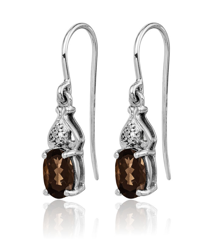 925 Sterling Silver Diamond Brown Smoky Quartz Drop Dangle Earrings