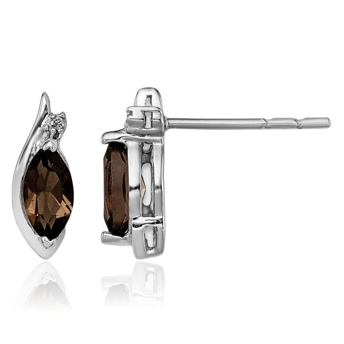 925 Sterling Silver Diamond Brown Smoky Quartz Stud Earrings