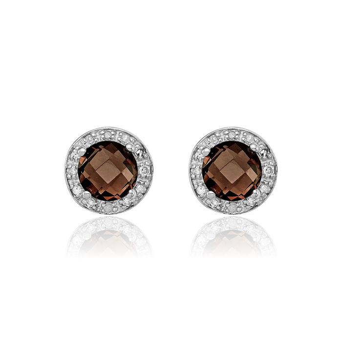 925 Sterling Silver Diamond Brown Smoky Quartz Stud Earrings