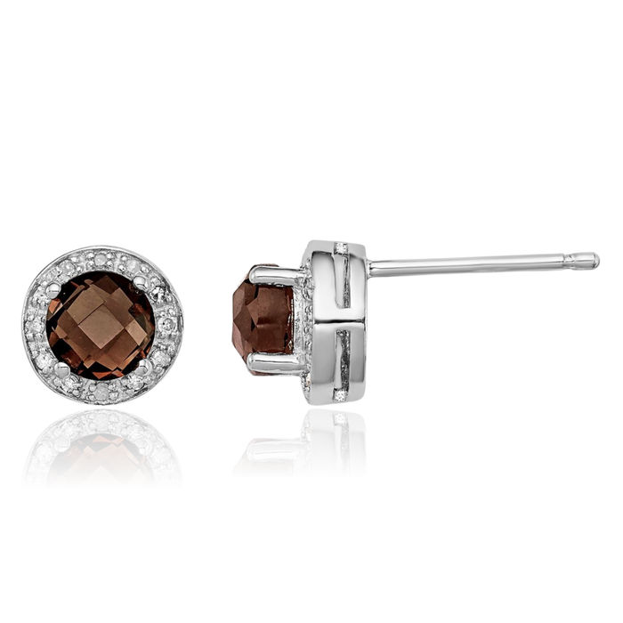 925 Sterling Silver Diamond Brown Smoky Quartz Stud Earrings