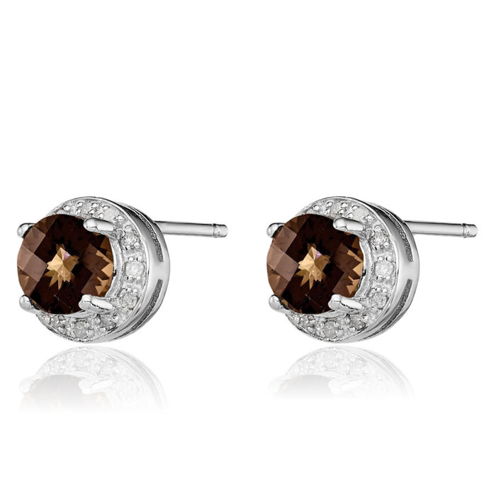 925 Sterling Silver Diamond Brown Smoky Quartz Stud Earrings