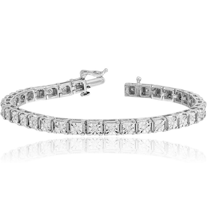 925 Sterling Silver Diamond Square Link Chain Bracelet