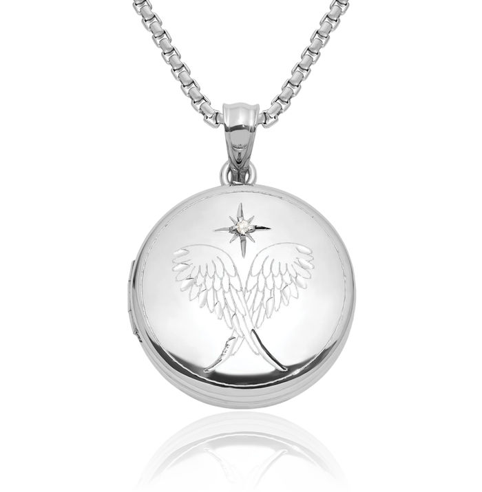 925 Sterling Silver Diamond Star Guardian Angel Wings Round Personalized Photo Locket Necklace Protect Us Cherub Pendant Religious Charm