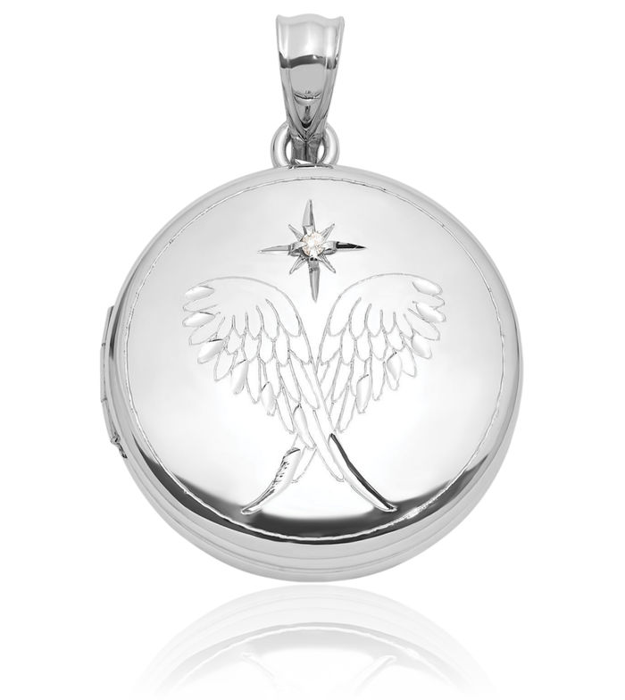 925 Sterling Silver Diamond Star Guardian Angel Wings Round Personalized Photo Locket Necklace Protect Us Cherub Pendant Religious Charm