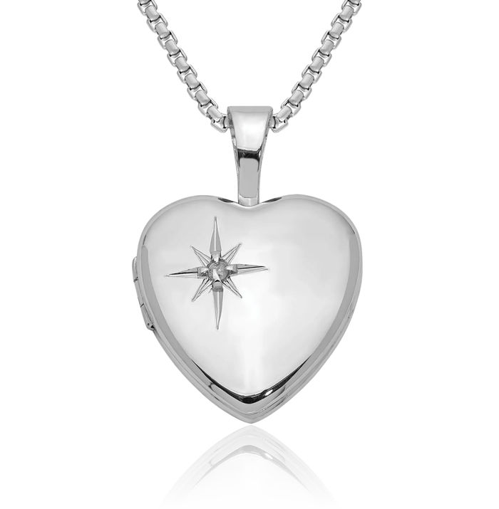 925 Sterling Silver Diamond Star Heart Personalized Photo Locket Necklace Picture Pendant Charm