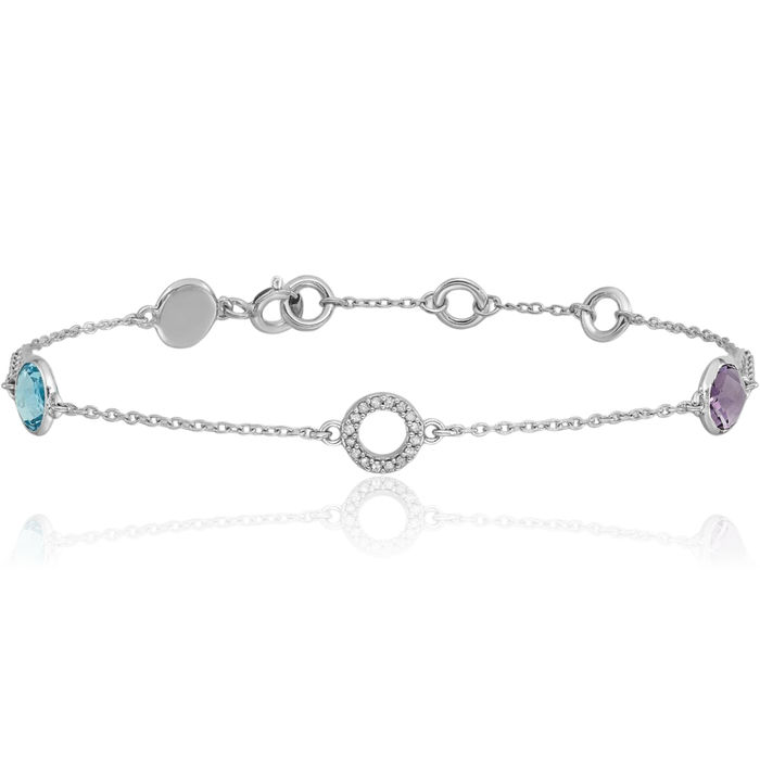 925 Sterling Silver Diamond Swiss Blue Topaz Purple Amethyst Chain Gemstone Tennis Bracelet