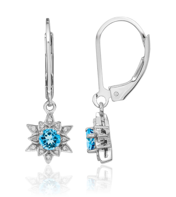 925 Sterling Silver Diamond Swiss Blue Topaz Drop Dangle Earrings