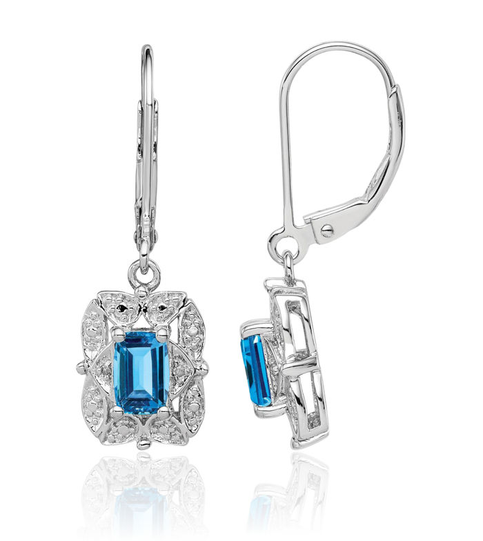 925 Sterling Silver Diamond Swiss Blue Topaz Drop Dangle Earrings