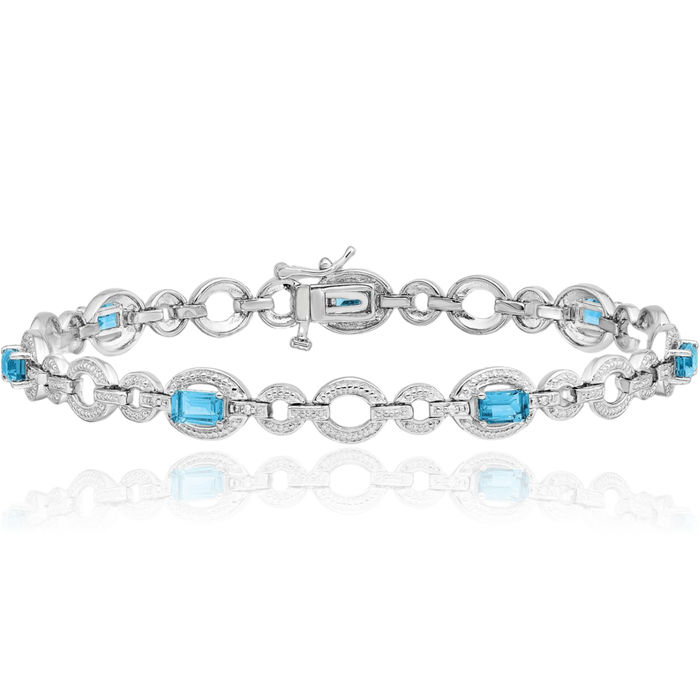 925 Sterling Silver Diamond Swiss Blue Topaz Oval Chain Gemstone Tennis Bracelet