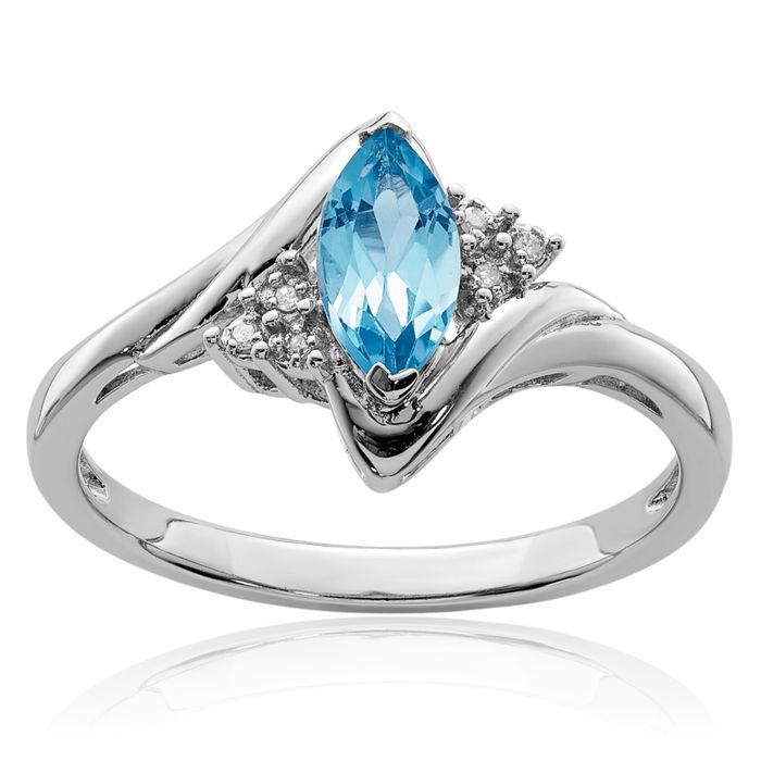 925 Sterling Silver Diamond Swiss Blue Topaz Ring Gemstone Band