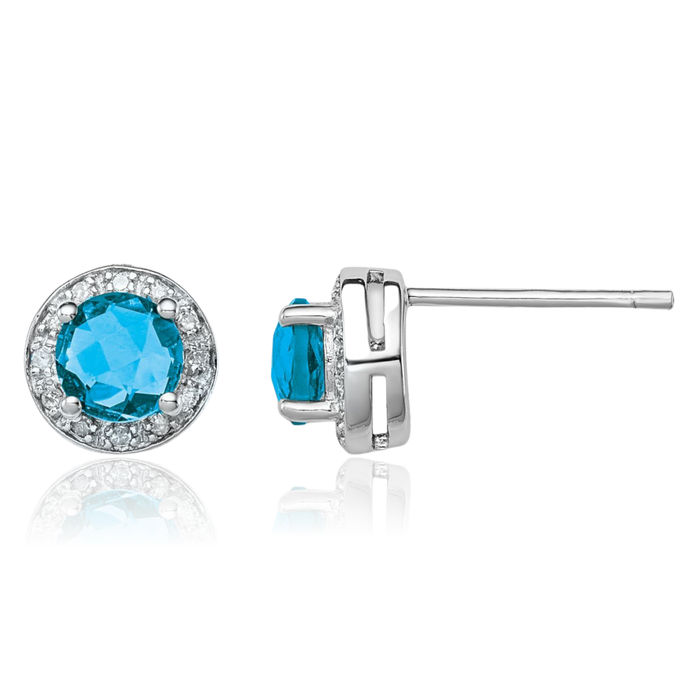 925 Sterling Silver Diamond Swiss Blue Topaz Stud Earrings