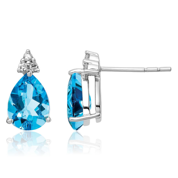 925 Sterling Silver Diamond Swiss Blue Topaz Stud Earrings