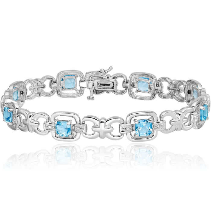 925 Sterling Silver Diamond Swiss Blue Topaz Chain Gemstone Tennis Bracelet