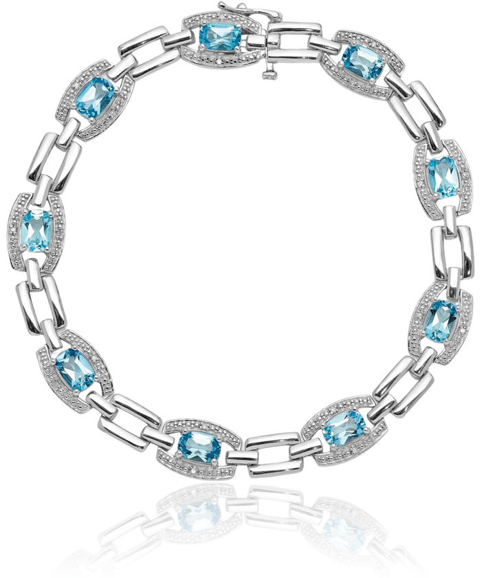 925 Sterling Silver Diamond Swiss Blue Topaz Chain Gemstone Tennis Bracelet