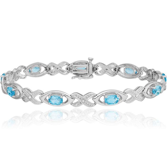 925 Sterling Silver Diamond Swiss Blue Topaz Chain Gemstone Tennis Bracelet