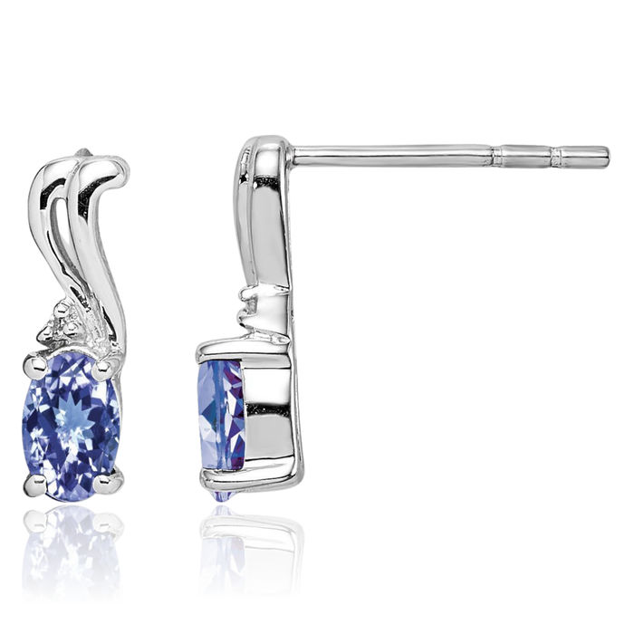 925 Sterling Silver Diamond Blue Tanzanite Oval Drop Dangle Earrings Gemstone Post Push Back