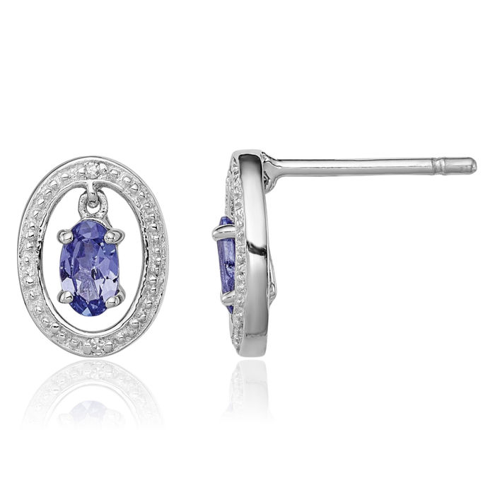 925 Sterling Silver Diamond Blue Tanzanite Oval Studs Gemstone Earrings