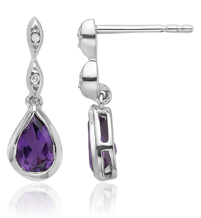 925 Sterling Silver Diamond Teardrop Purple Amethyst Post Drop Dangle Earrings Gemstone Push Back