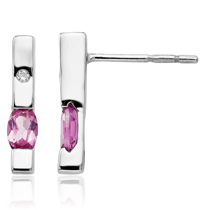 925 Sterling Silver Diamond Pink Tourmaline Post Line Bar Drop Dangle Earrings Gemstone Push Back