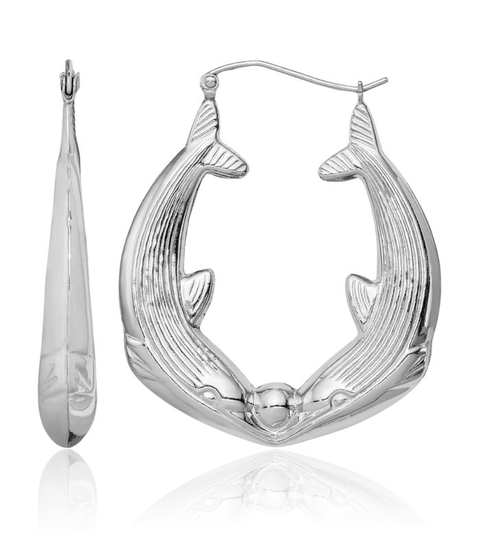 925 Sterling Silver Sea Dolphin Ocean Fish Beach Nautical Round Medium Hoop Earrings