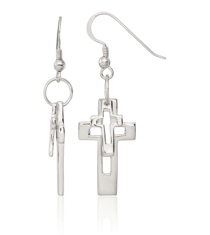 925 Sterling Silver Double Holy Cross Christian Religious Drop Dangle Earrings