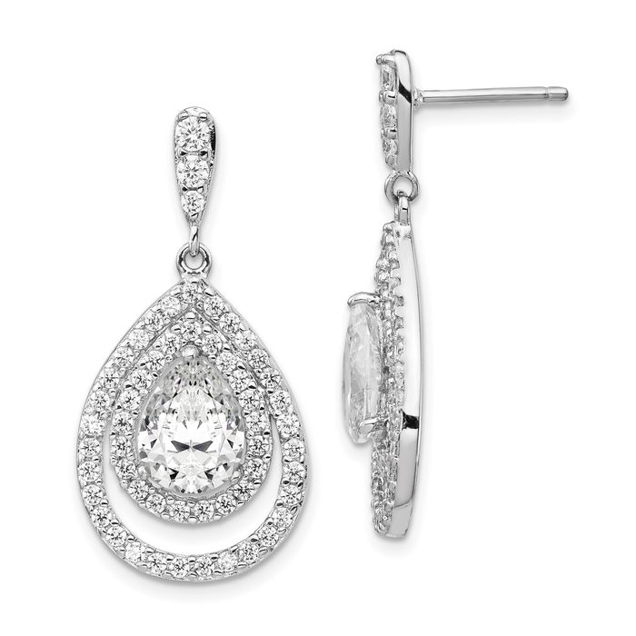 925 Sterling Silver Pear Cubic Zirconia CZ Double Halo Round Post Drop Dangle Earrings