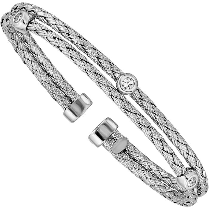 925 Sterling Silver Double Strand Cubic Zirconia CZ Cuff Bracelet