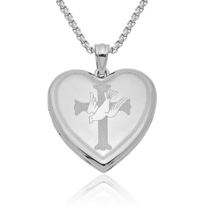 925 Sterling Silver Dove Symbol Peace Love Holy Spirit Cross Heart Personalized Photo Locket Necklace Religious Chain Pendant Jesus Christ Charm