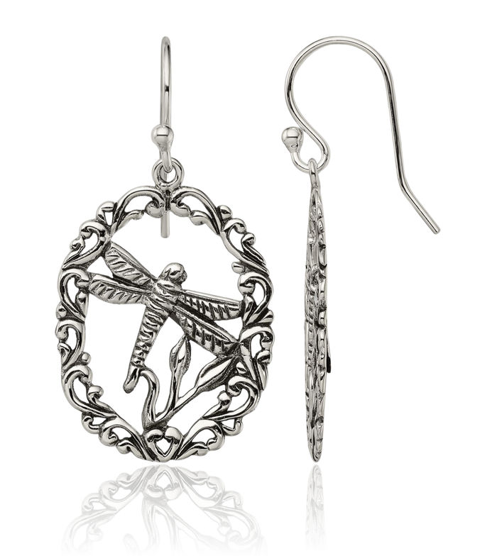 925 Sterling Silver Vintage Dragonfly Shepherds Hook Drop Dangle Earrings