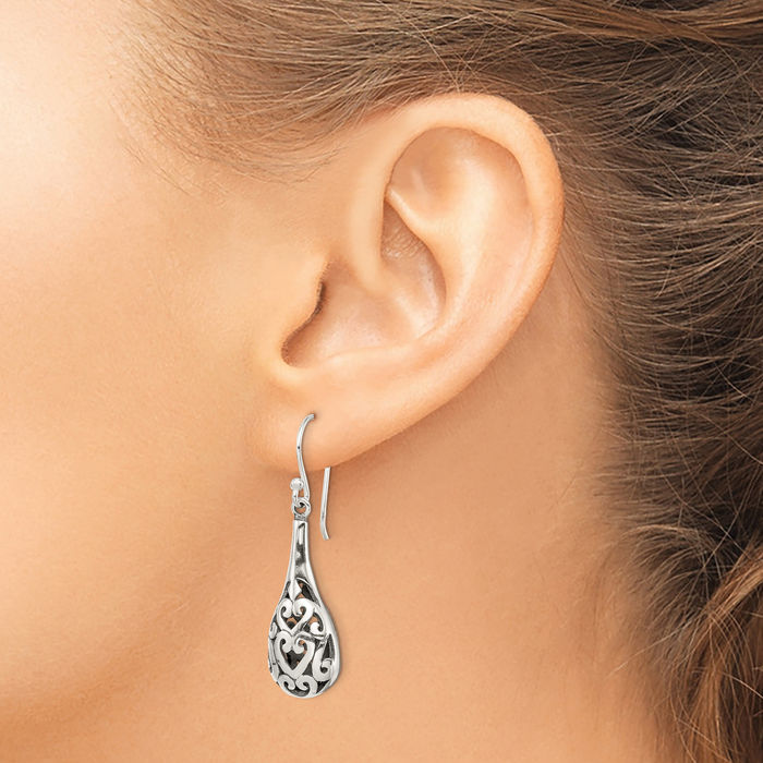 925 Sterling Silver Vintage Antique Filigree Heart Teardrop Drop Dangle Earrings