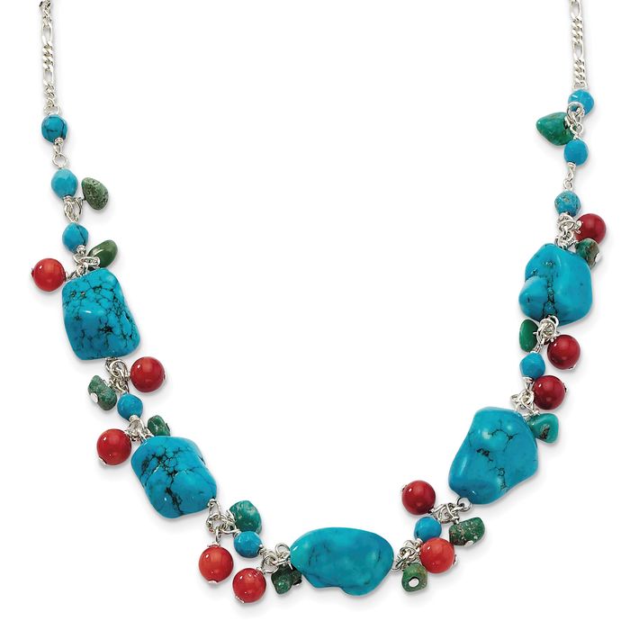 925 Sterling Silver Howlite Blue Turquoise Red Chain Necklace