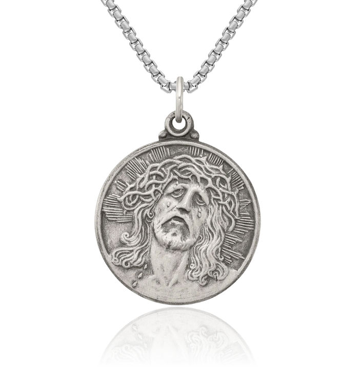 925 Sterling Silver Vintage Ecce Homo Jesus Christ Head Medal Necklace Religious Chain Pendant Christian Faith Charm