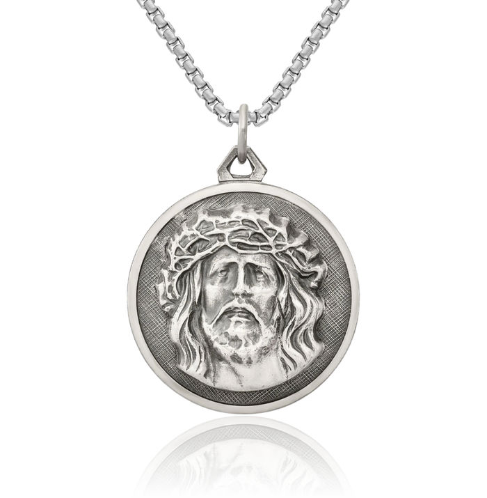925 Sterling Silver Vintage Ecce Homo Jesus Christ Head Medal Necklace Religious Chain Pendant Christian Faith Charm