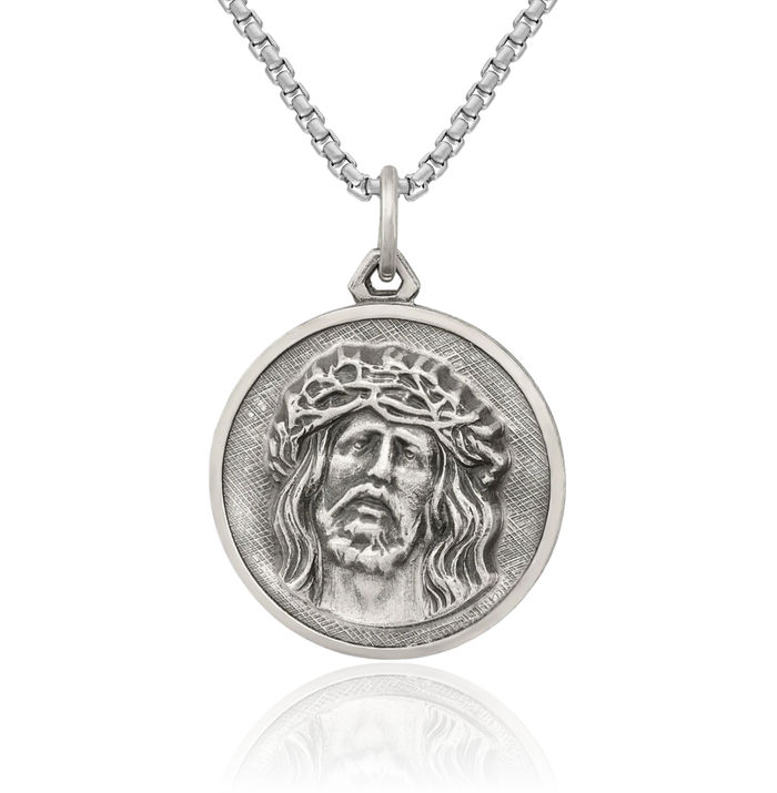 925 Sterling Silver Vintage Ecce Homo Jesus Christ Head Medal Necklace Religious Chain Pendant Christian Faith Charm