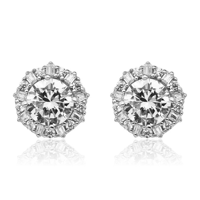 925 Sterling Silver Emerald-Cut Cubic Zirconia CZ Halo Round Stud Earrings