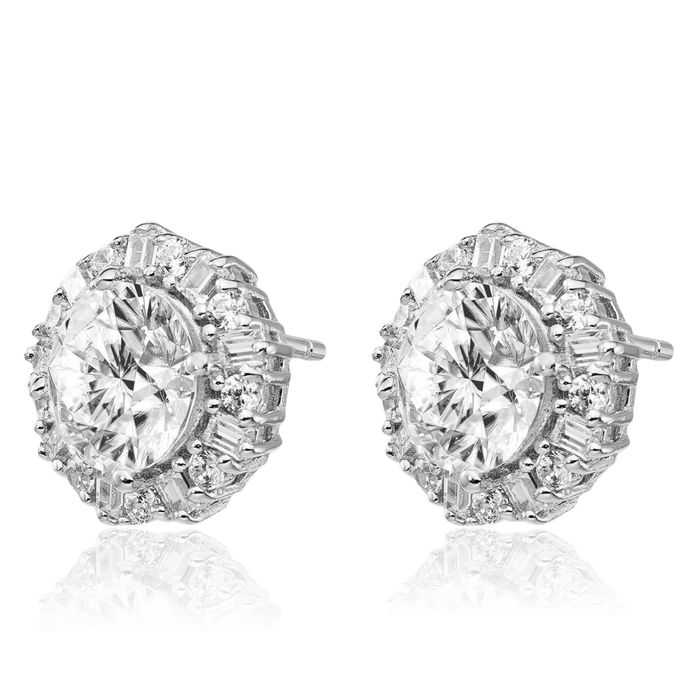 925 Sterling Silver Emerald-Cut Cubic Zirconia CZ Halo Round Stud Earrings