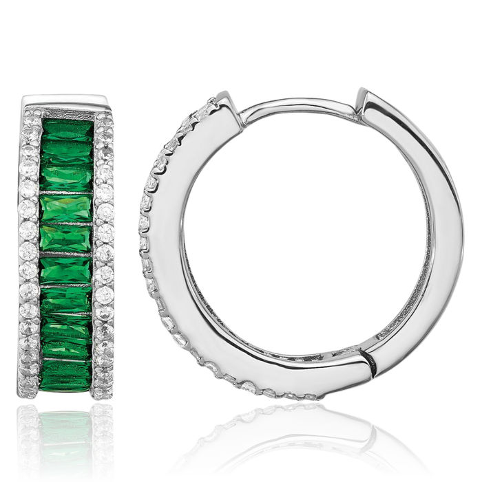 925 Sterling Silver Emerald-Cut Green Rhinestone Crystals White Cubic Zirconia CZ Round Small Hoop Earrings