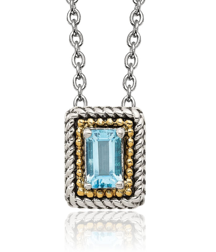 925 Sterling Silver Emerald-Cut Vintage Swiss Blue Topaz Chain Necklace Gemstone Pendant Charm