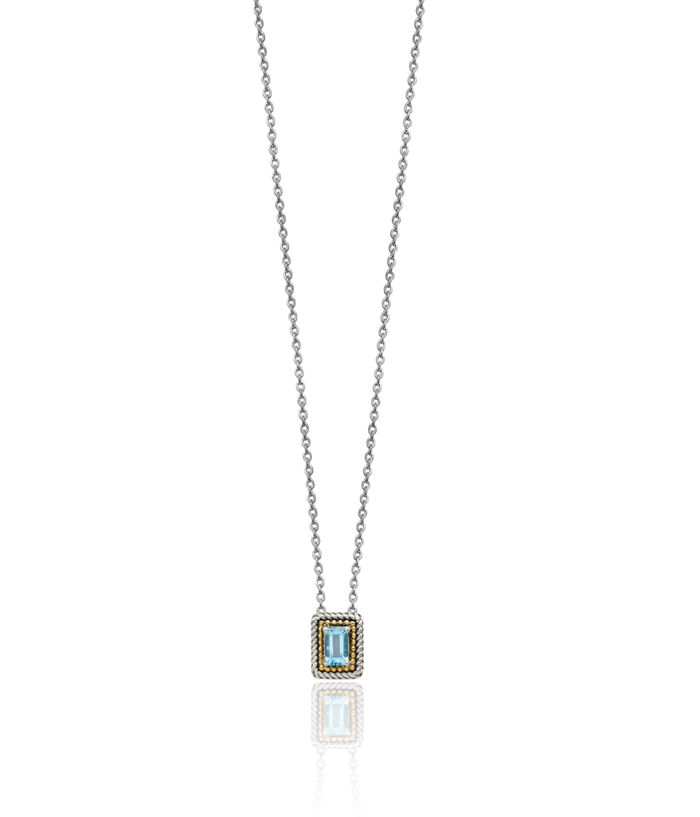 925 Sterling Silver Emerald-Cut Vintage Swiss Blue Topaz Chain Necklace Gemstone Pendant Charm