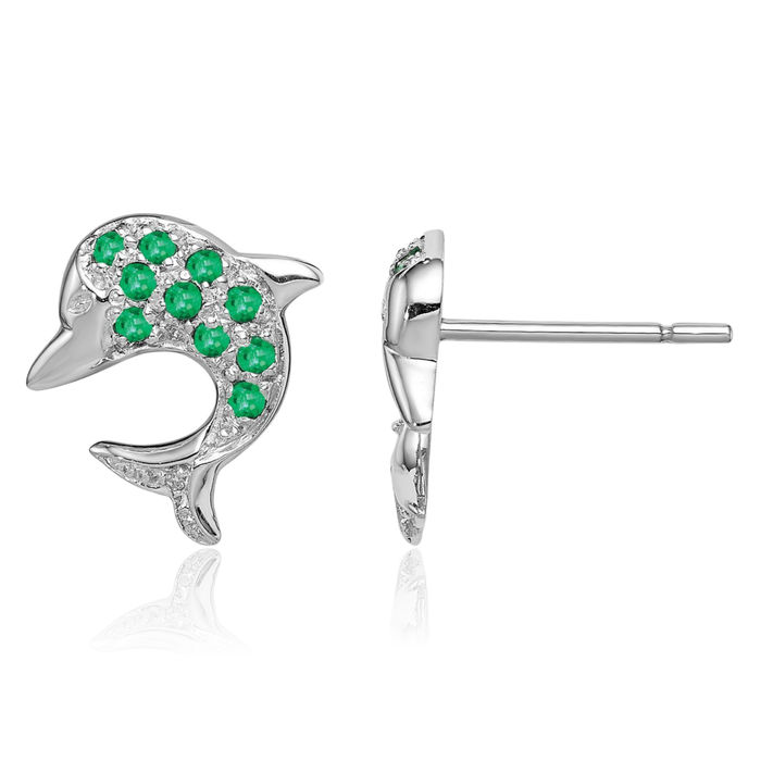 925 Sterling Silver Green Emerald Diamond Sea Dolphin Ocean Fish Beach Nautical Stud Earrings