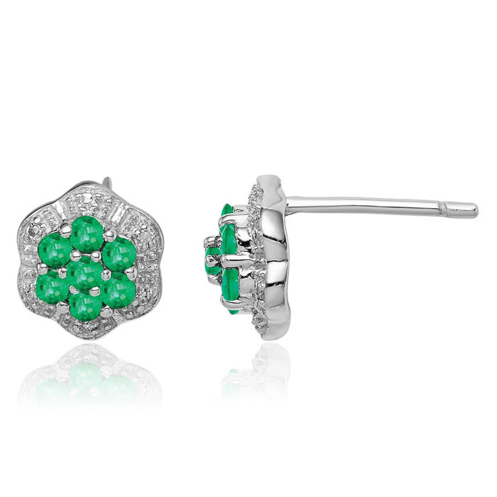 925 Sterling Silver Green Emerald Diamond Studs Gemstone Earrings May Birthstone Jewelry