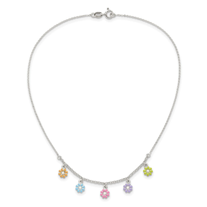 925 Sterling Silver Multi-color Flowers Chain Necklace