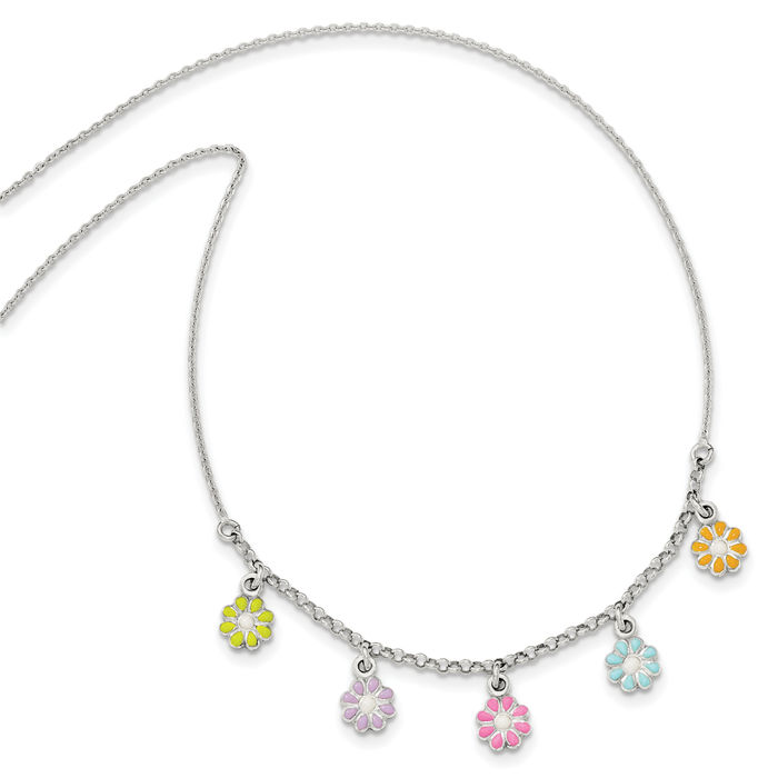 925 Sterling Silver Multi-color Flowers Chain Necklace