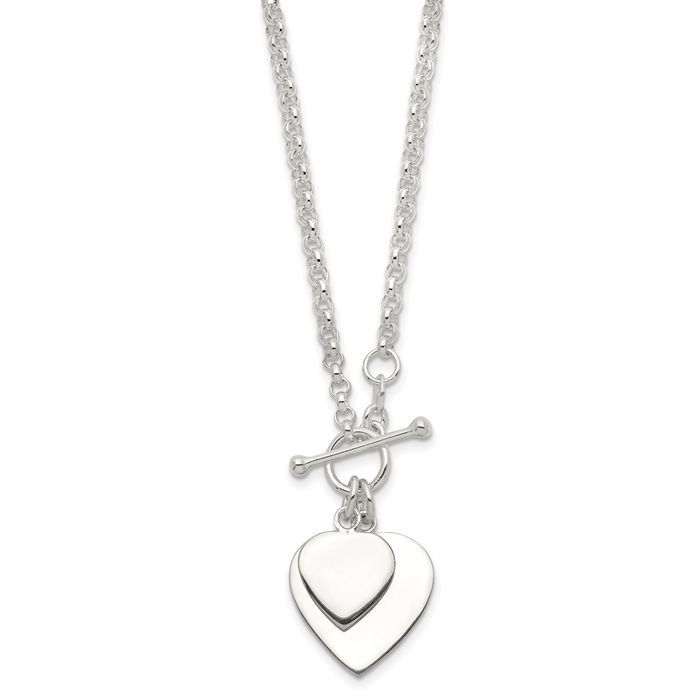 925 Sterling Silver Engraveable Double Heart Chain Necklace Toggle Clasp