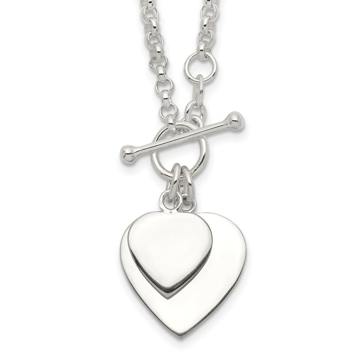 925 Sterling Silver Engraveable Double Heart Chain Necklace Toggle Clasp