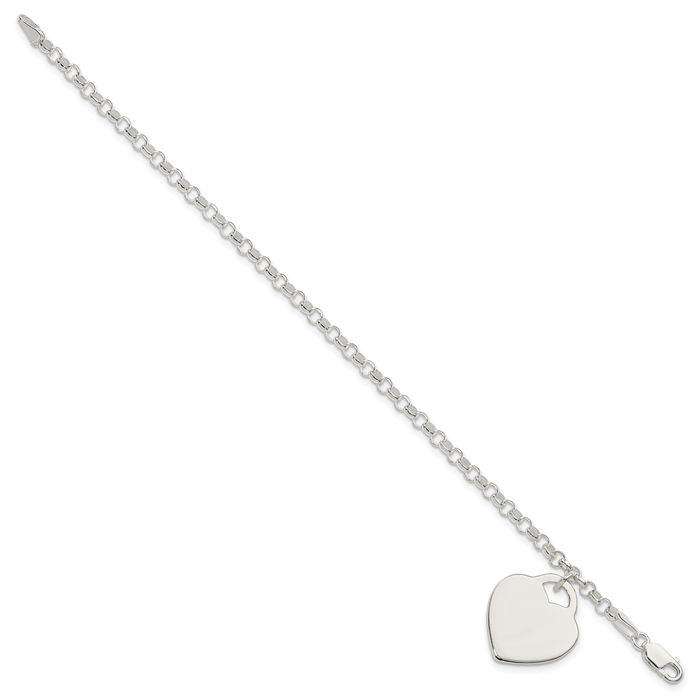 925 Sterling Silver Engraveable Heart Single Link Chain Charm Bracelet