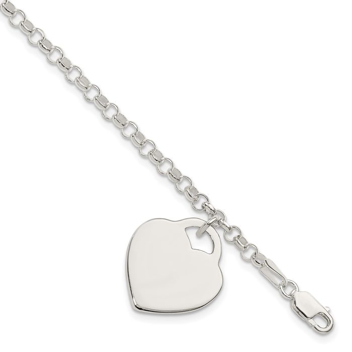 925 Sterling Silver Engraveable Heart Single Link Chain Charm Bracelet