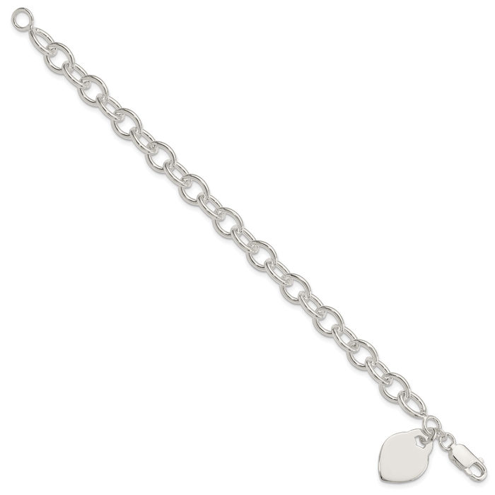 925 Sterling Silver Engraveable Heart Single Link Chain Charm Bracelet